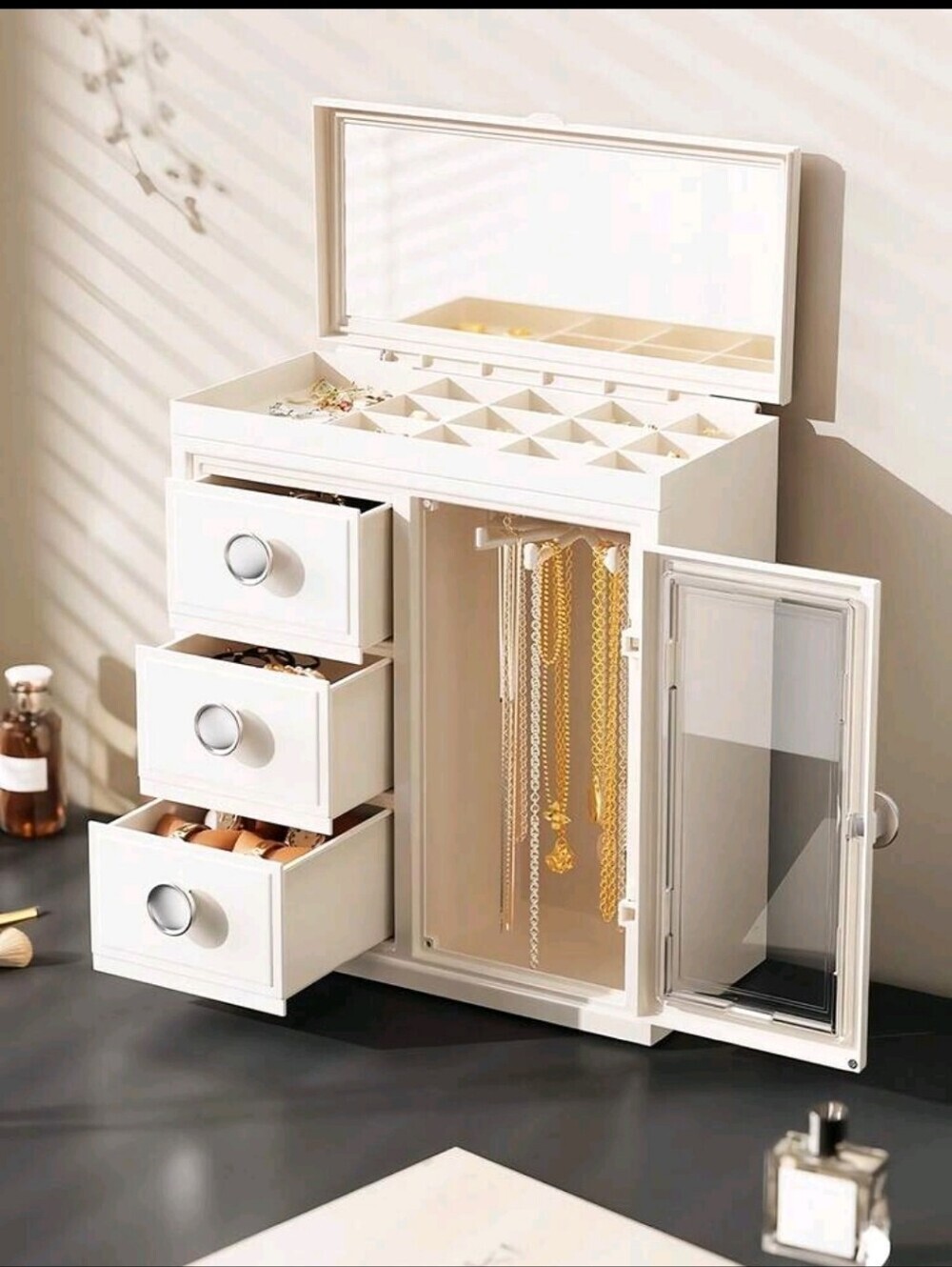 White Jewelry Organizer Cabinet with Drawers and Mirror